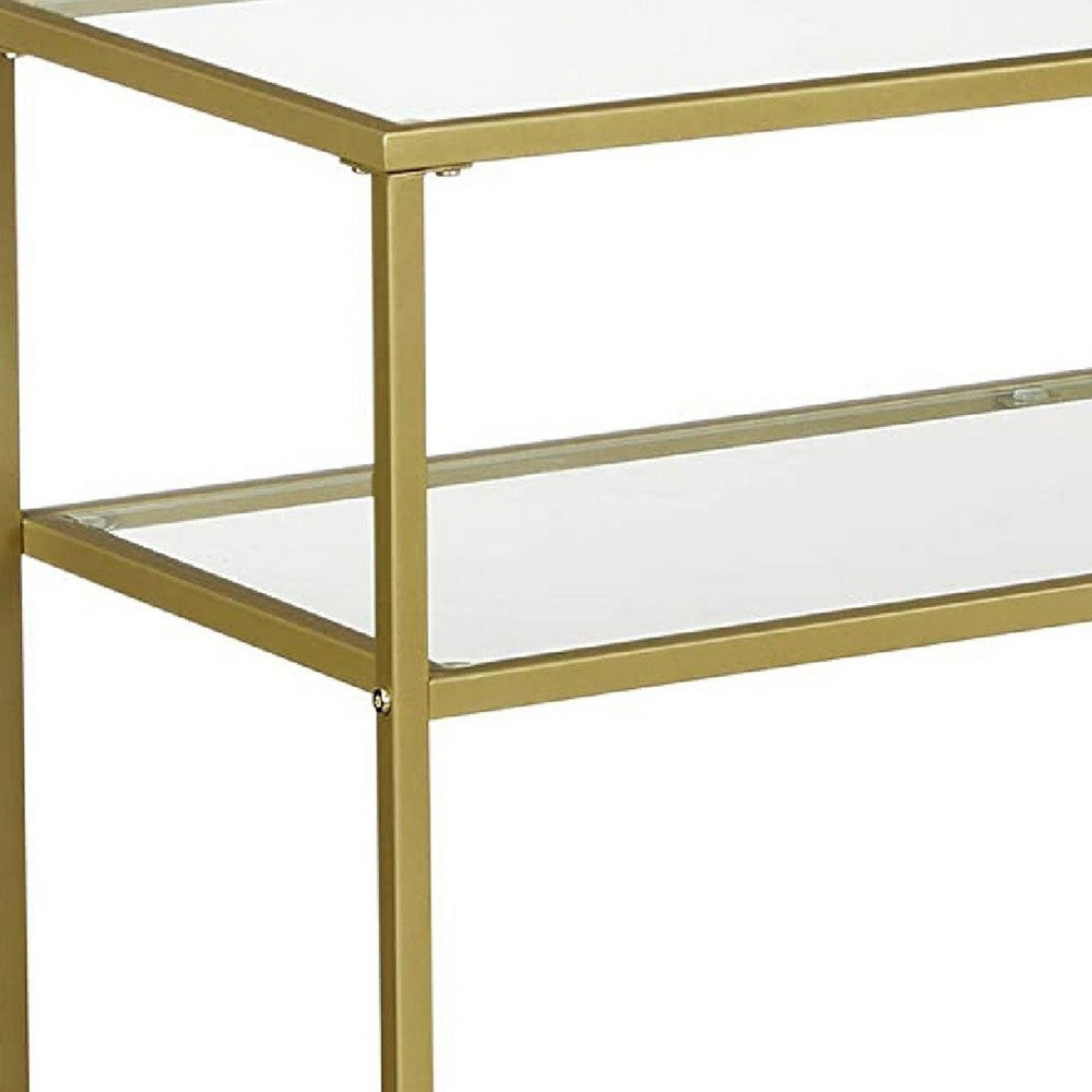 Benjara Kin 39 Inch Sofa Console Table, Metal Frame, Tempered Glass Shelves, Gold