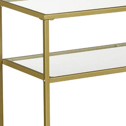 Benjara Kin 39 Inch Sofa Console Table, Metal Frame, Tempered Glass Shelves, Gold