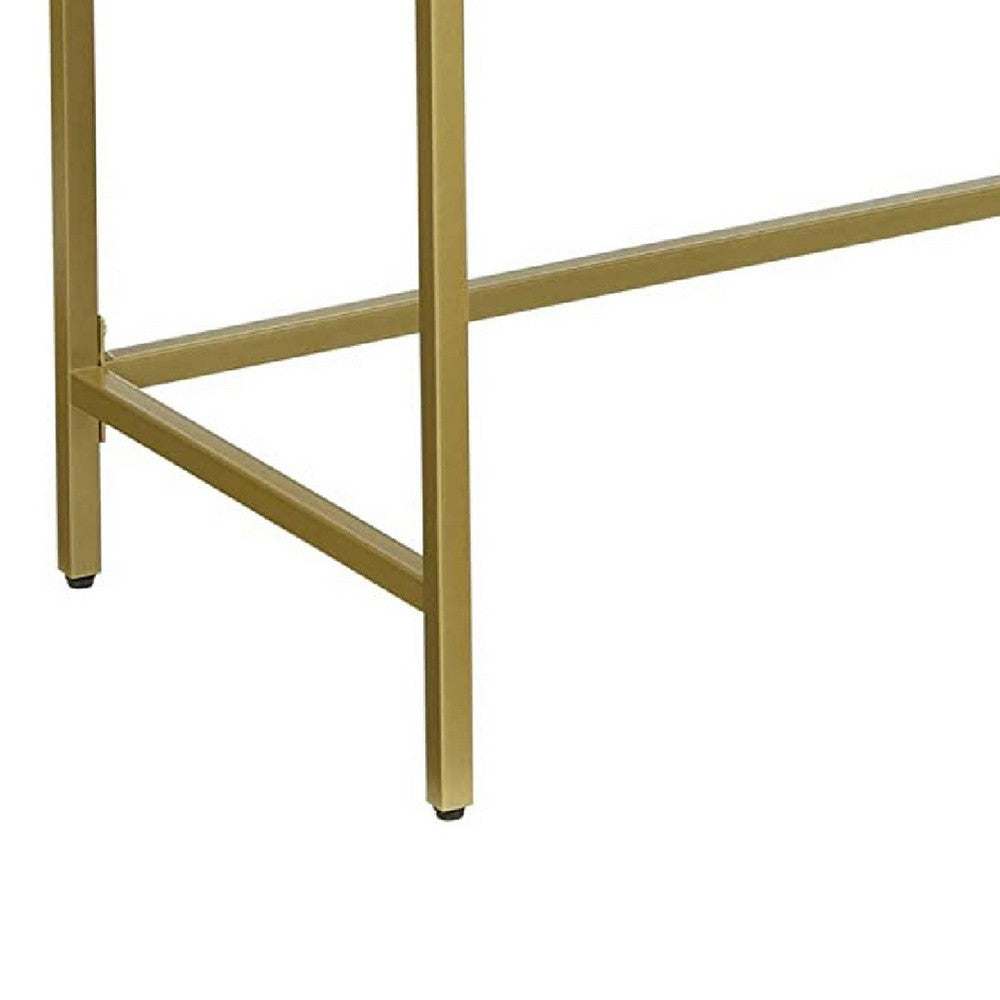 Benjara Kin 39 Inch Sofa Console Table, Metal Frame, Tempered Glass Shelves, Gold