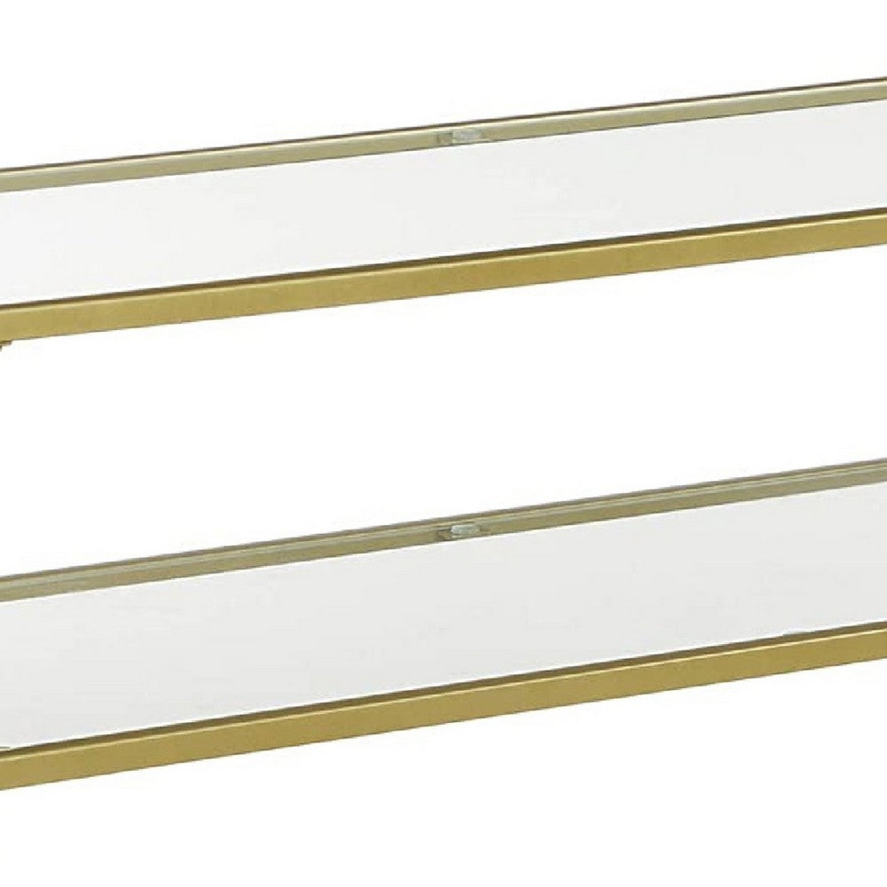 Benjara Kin 39 Inch Sofa Console Table, Metal Frame, Tempered Glass Shelves, Gold