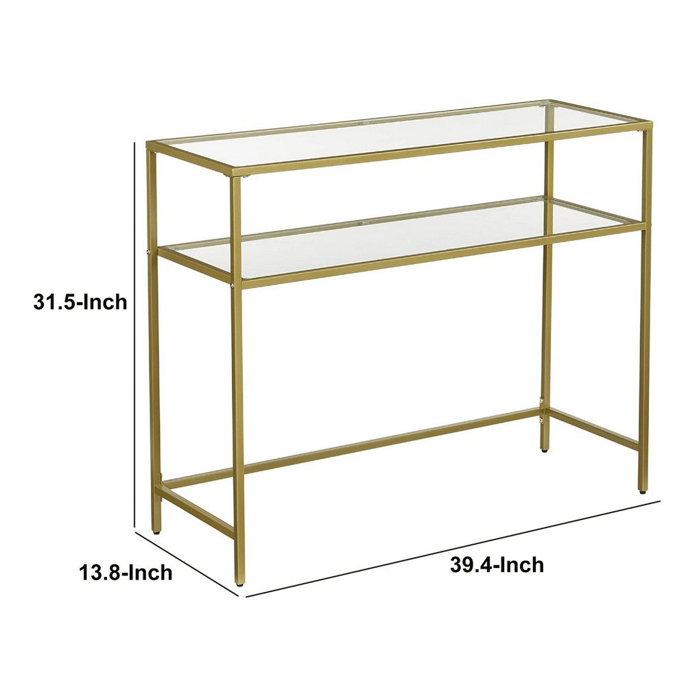 Benjara Kin 39 Inch Sofa Console Table, Metal Frame, Tempered Glass Shelves, Gold