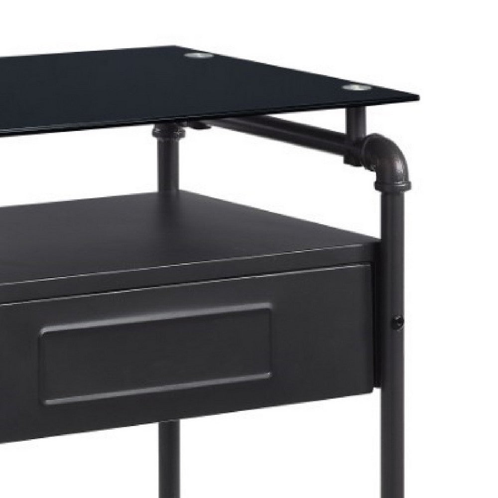 Benjara 23 Inch Metal Nightstand Side Table, Tempered Glass, Industrial, Dark Gray