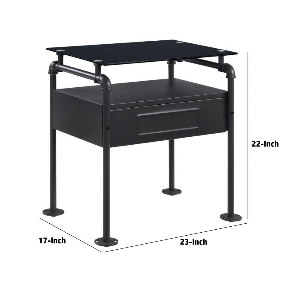 Benjara 23 Inch Metal Nightstand Side Table, Tempered Glass, Industrial, Dark Gray
