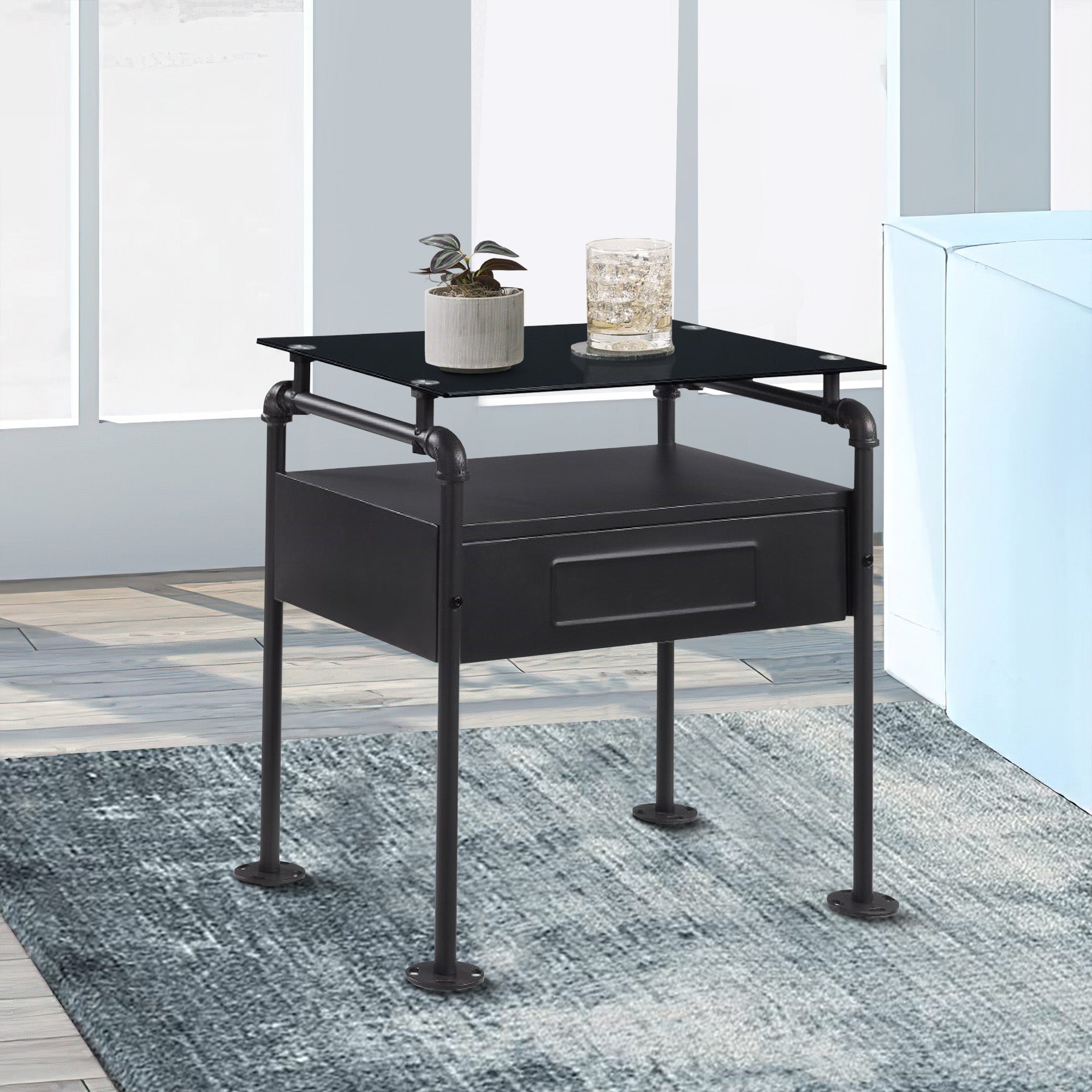 Benjara 23 Inch Metal Nightstand Side Table, Tempered Glass, Industrial, Dark Gray