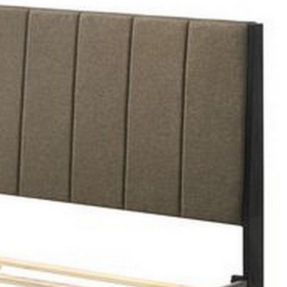 Benjara 85 Inch Wood Queen Platform Bed, Channel Tufting, Taupe Brown Fabric