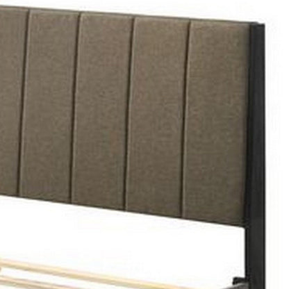Benjara 85 Inch Wood Queen Platform Bed, Channel Tufting, Taupe Brown Fabric