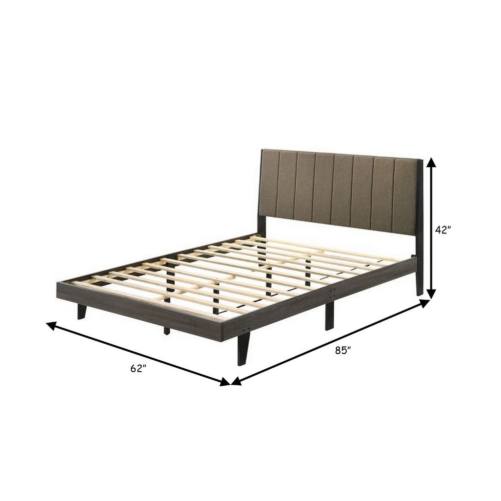 Benjara 85 Inch Wood Queen Platform Bed, Channel Tufting, Taupe Brown Fabric