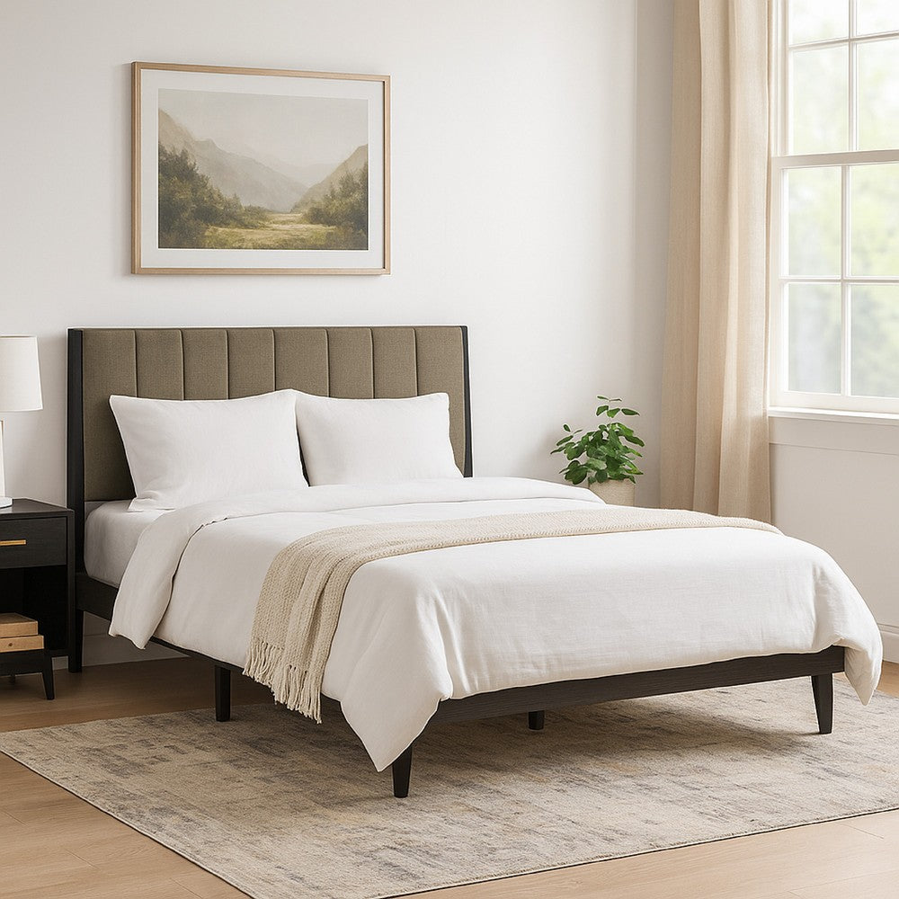Benjara 85 Inch Wood Queen Platform Bed, Channel Tufting, Taupe Brown Fabric