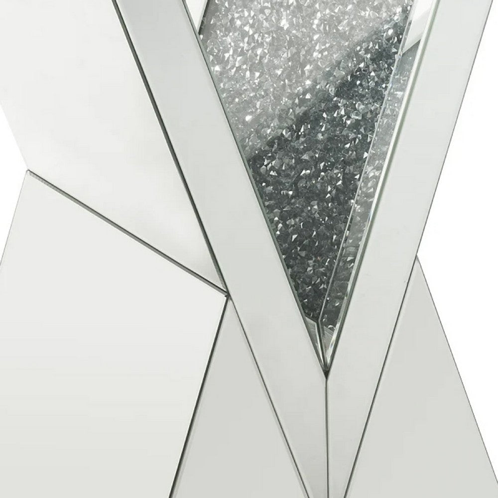 Benjara Noe 24 Inch Mirrored End Table, V Pedestal Base, Faux Diamond, Silver