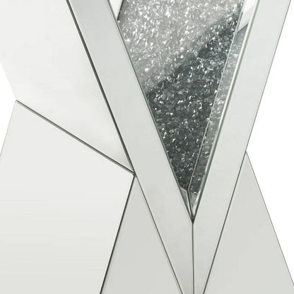 Benjara Noe 24 Inch Mirrored End Table, V Pedestal Base, Faux Diamond, Silver