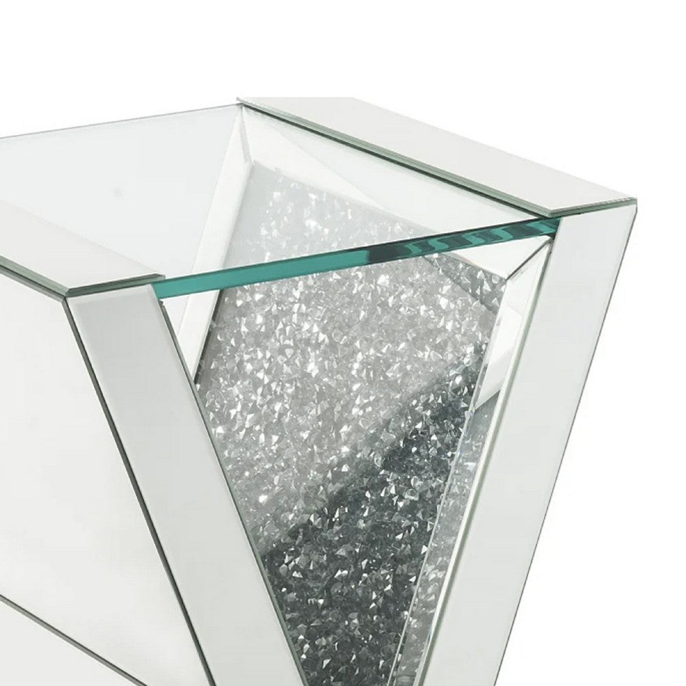 Benjara Noe 24 Inch Mirrored End Table, V Pedestal Base, Faux Diamond, Silver