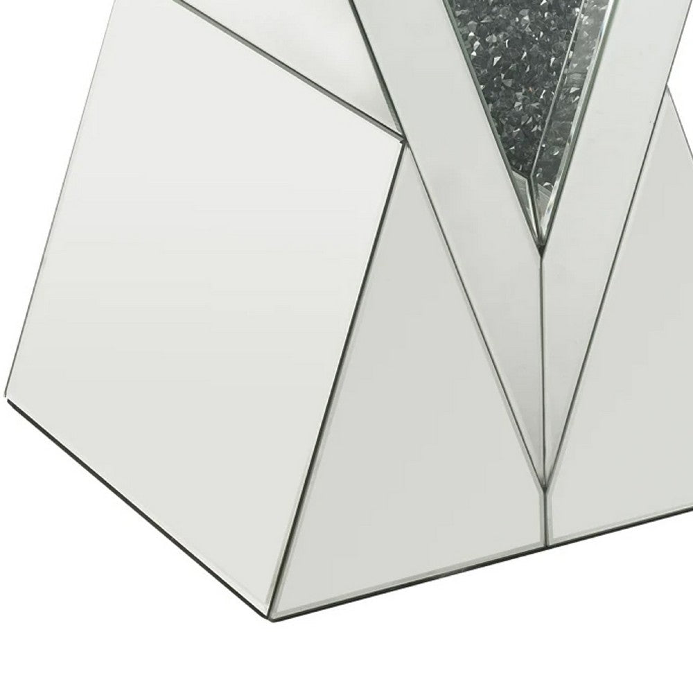 Benjara Noe 24 Inch Mirrored End Table, V Pedestal Base, Faux Diamond, Silver