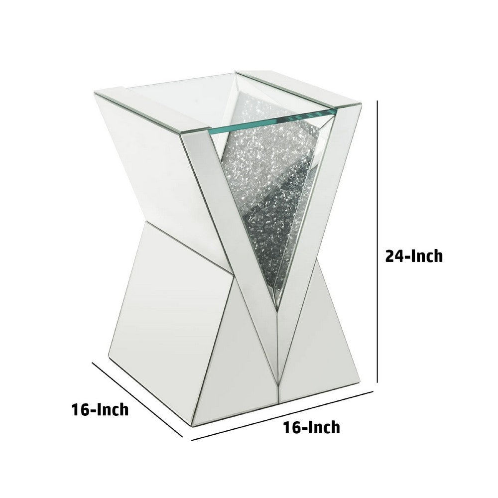 Benjara Noe 24 Inch Mirrored End Table, V Pedestal Base, Faux Diamond, Silver