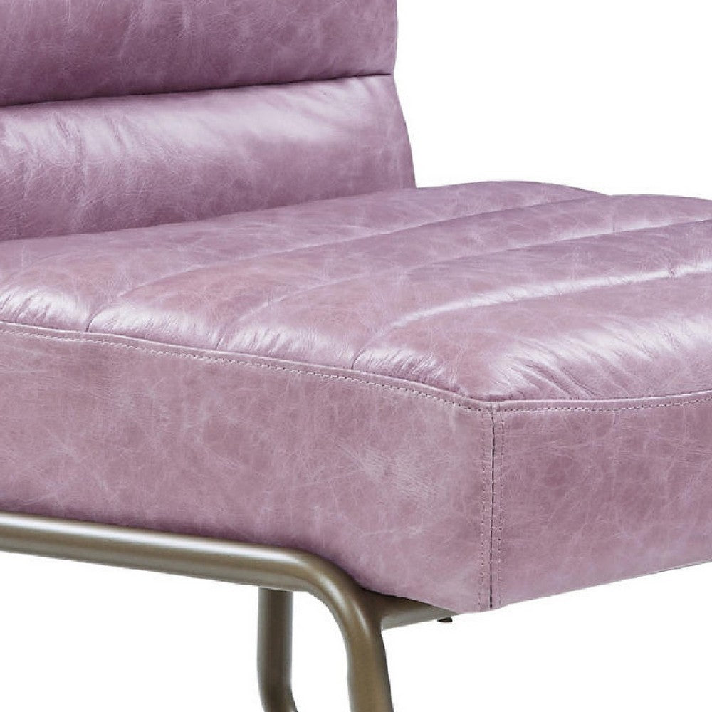 Benjara 22 Inch Top Grain Leather Accent Chair, Metal Frame, Tufted Channel, Purple