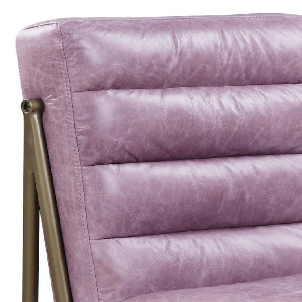 Benjara 22 Inch Top Grain Leather Accent Chair, Metal Frame, Tufted Channel, Purple
