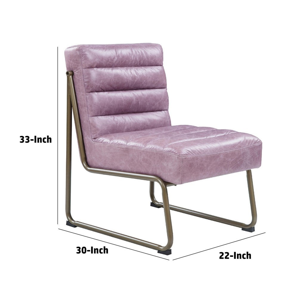 Benjara 22 Inch Top Grain Leather Accent Chair, Metal Frame, Tufted Channel, Purple