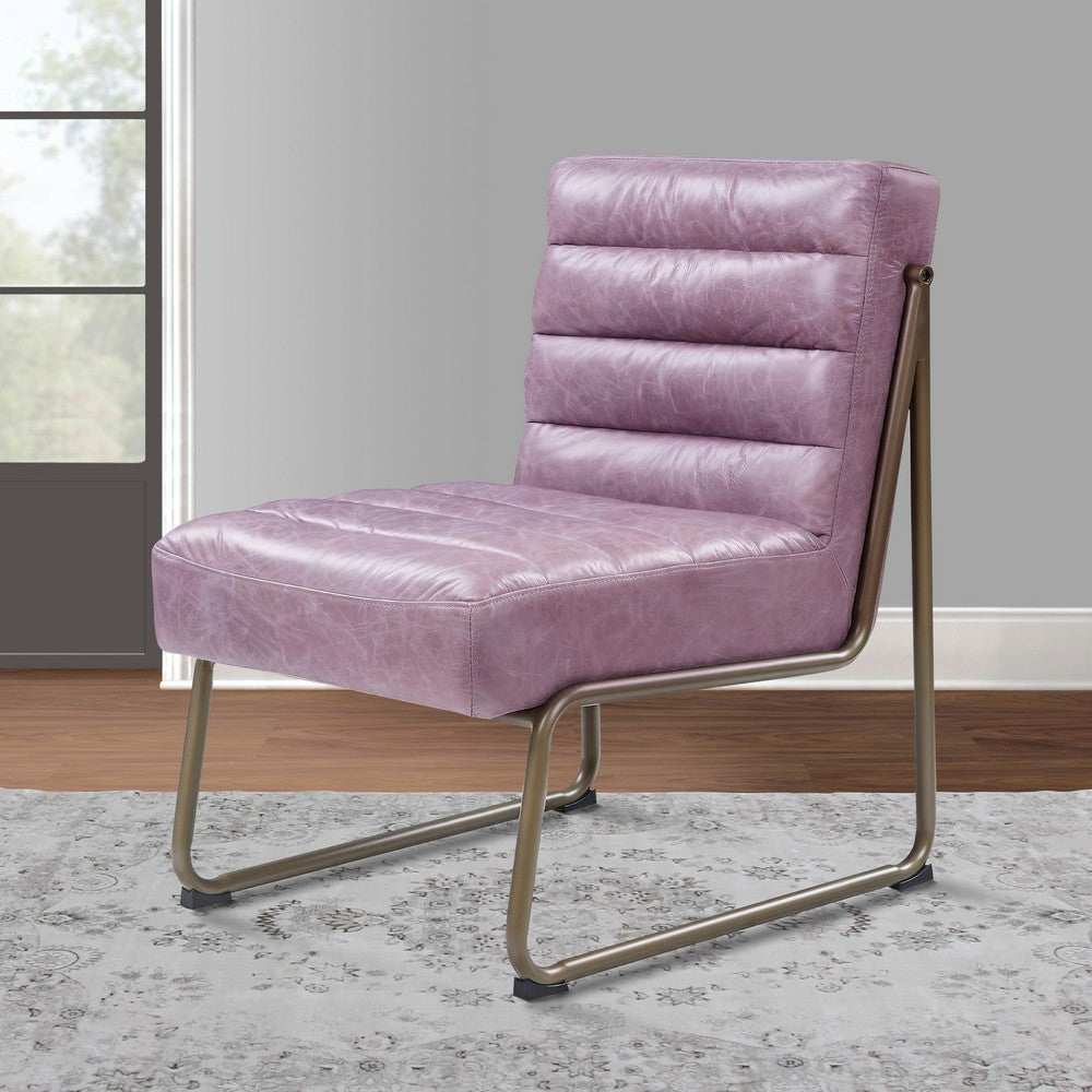 Benjara 22 Inch Top Grain Leather Accent Chair, Metal Frame, Tufted Channel, Purple