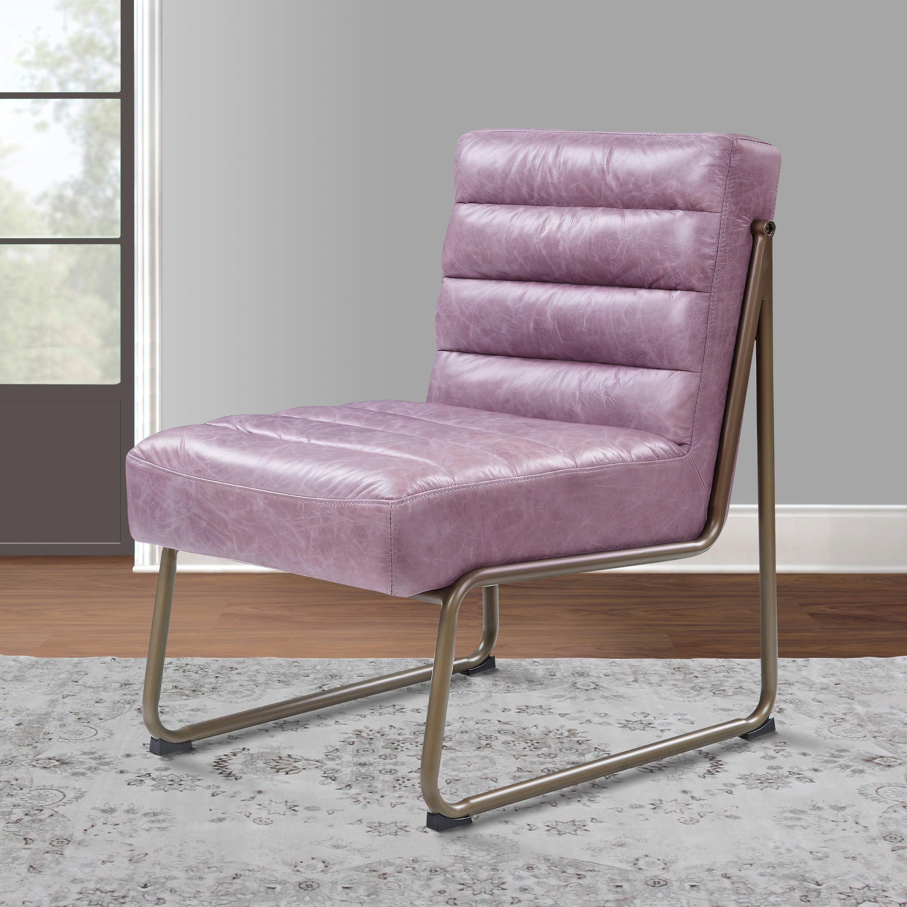 Benjara 22 Inch Top Grain Leather Accent Chair, Metal Frame, Tufted Channel, Purple