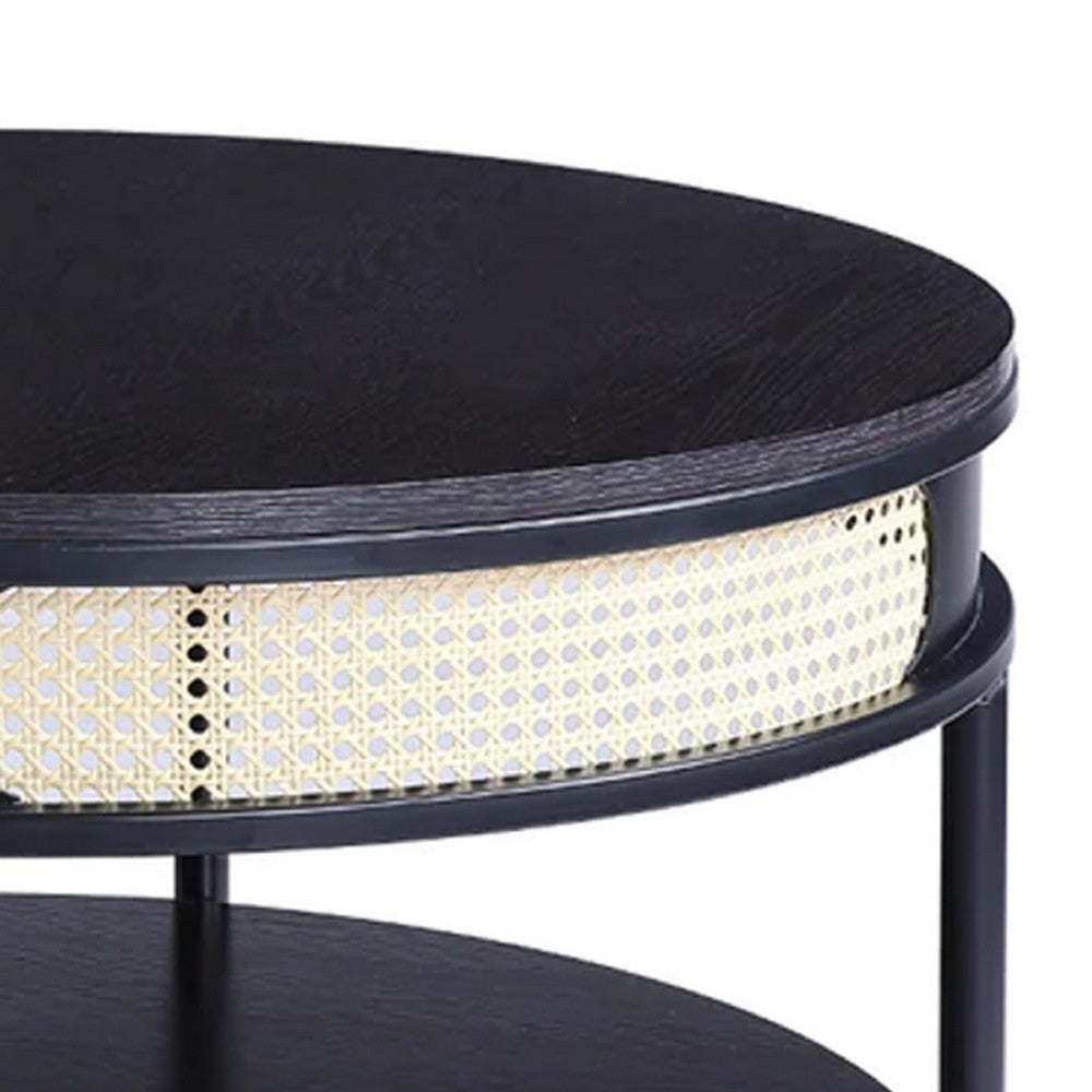 Benjara Bert 32 Inch Round Coffee Table, Rattan Apron Accent, Metal Legs, Black
