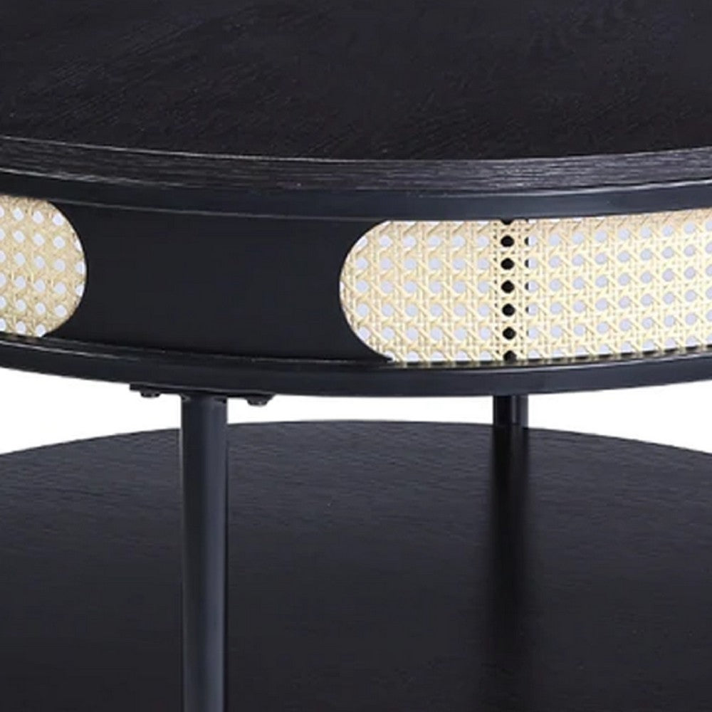 Benjara Bert 32 Inch Round Coffee Table, Rattan Apron Accent, Metal Legs, Black