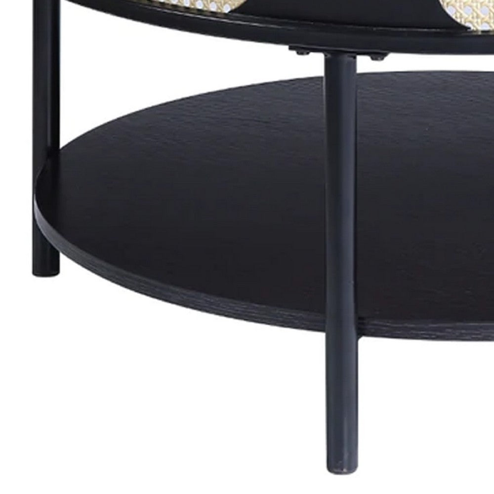 Benjara Bert 32 Inch Round Coffee Table, Rattan Apron Accent, Metal Legs, Black