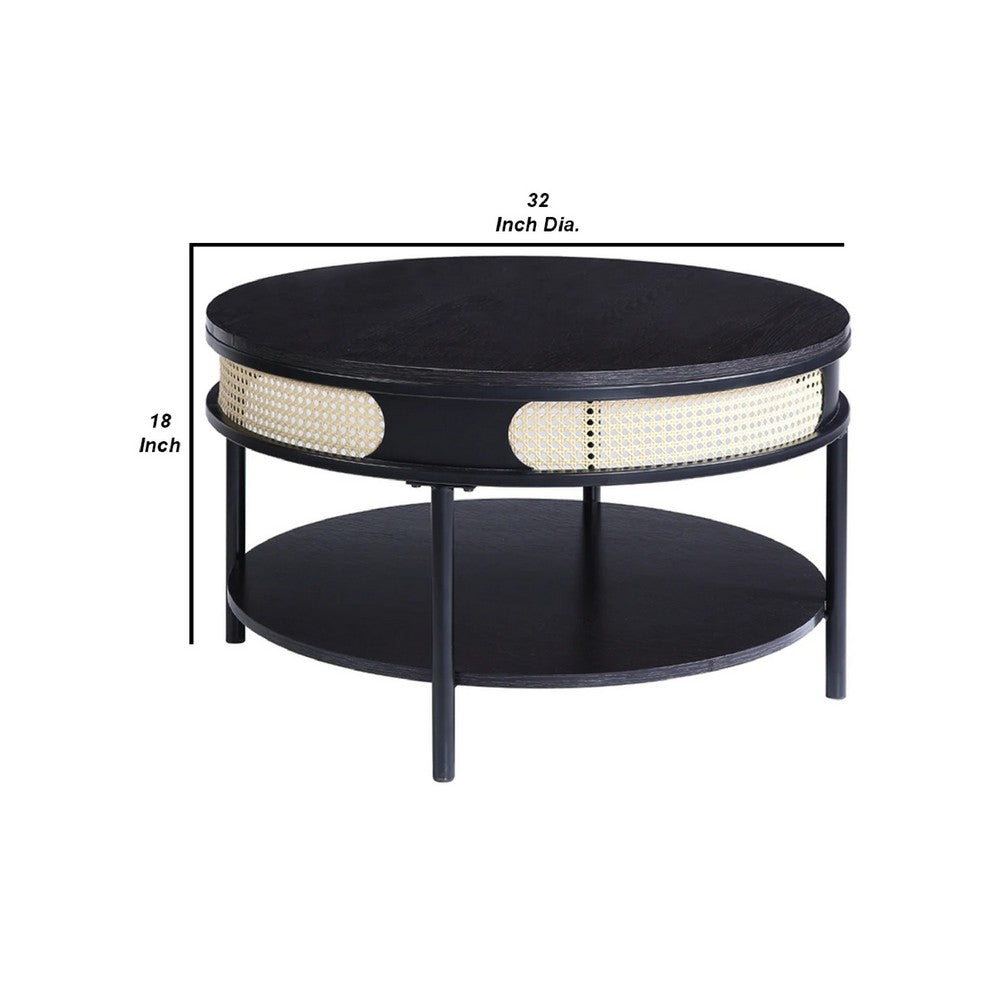 Benjara Bert 32 Inch Round Coffee Table, Rattan Apron Accent, Metal Legs, Black