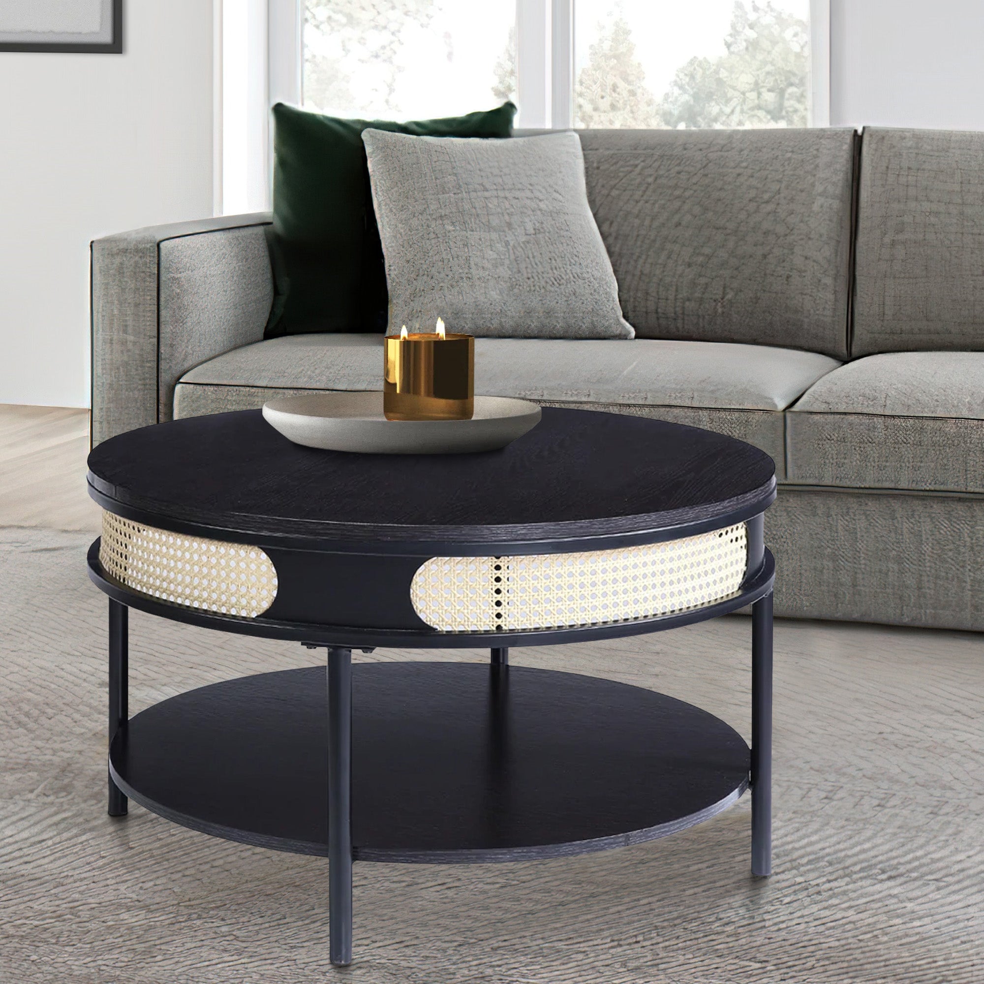 Benjara Bert 32 Inch Round Coffee Table, Rattan Apron Accent, Metal Legs, Black