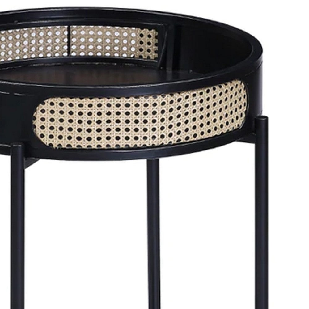 Benjara Bert 24 Inch Round End Table, Rattan Apron Accent, Metal Legs, Black