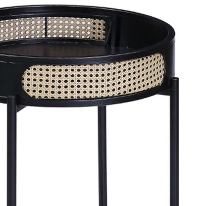 Benjara Bert 24 Inch Round End Table, Rattan Apron Accent, Metal Legs, Black
