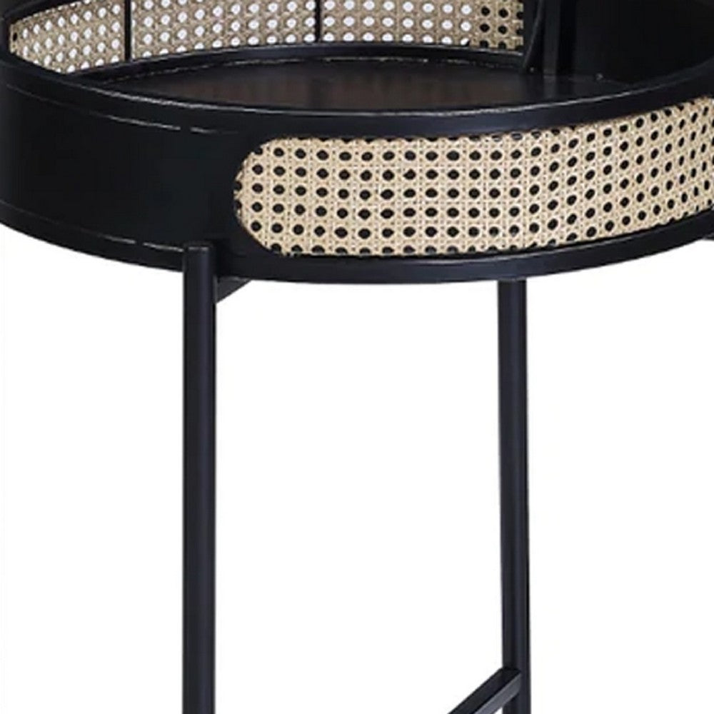 Benjara Bert 24 Inch Round End Table, Rattan Apron Accent, Metal Legs, Black