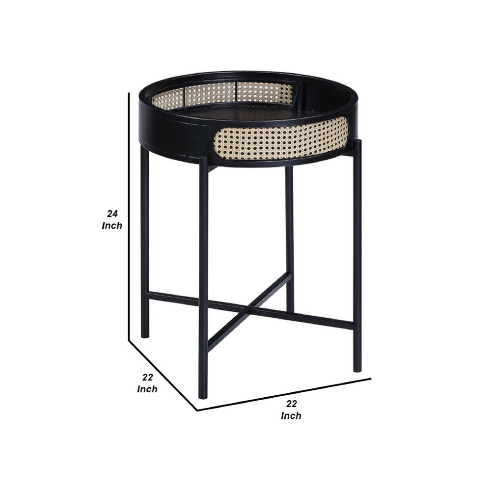 Benjara Bert 24 Inch Round End Table, Rattan Apron Accent, Metal Legs, Black