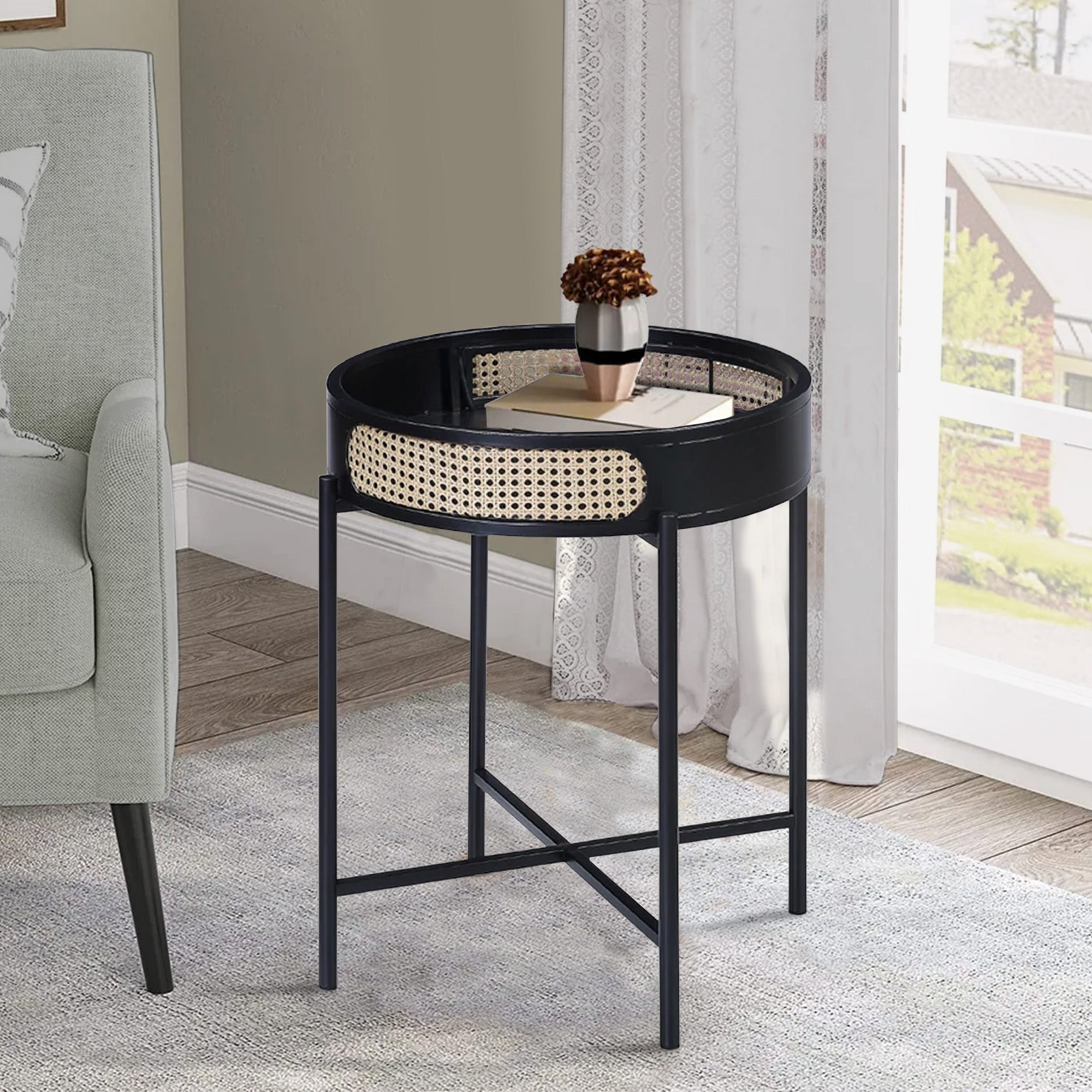 Benjara Bert 24 Inch Round End Table, Rattan Apron Accent, Metal Legs, Black