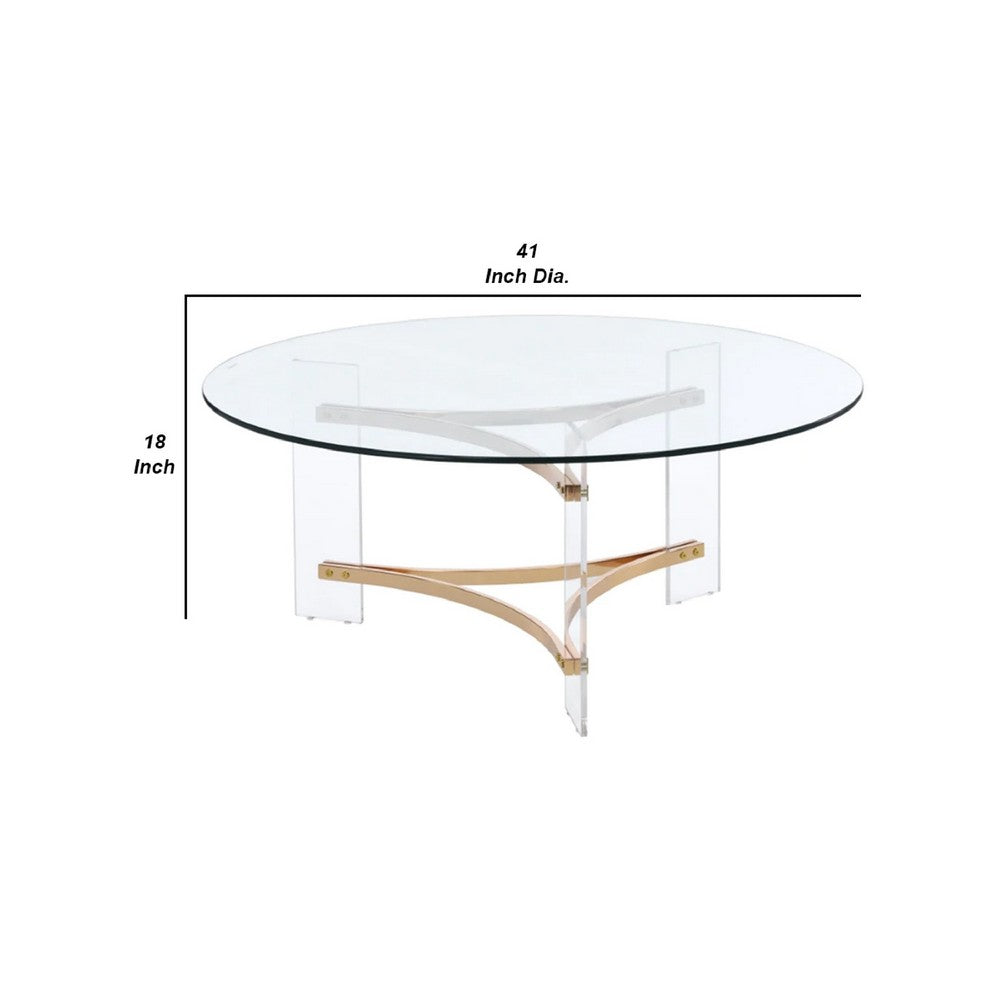 Benjara Hale 41 Inch Round Coffee Table, Glass Top, Acrylic Legs, Clear, Gold