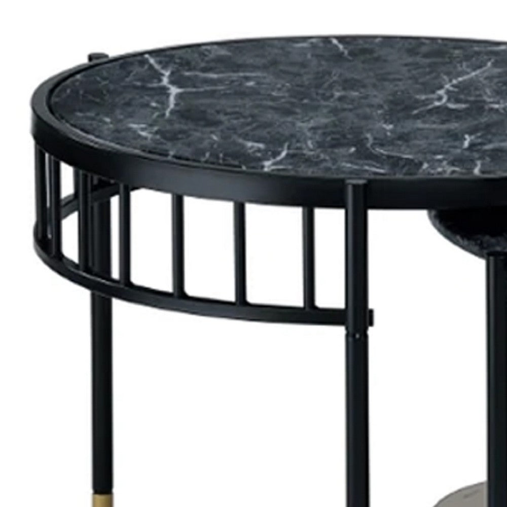 Benjara 40 Inch 2 Piece Nesting Coffee Table, Faux Marble Top, Glass Shelf, Black