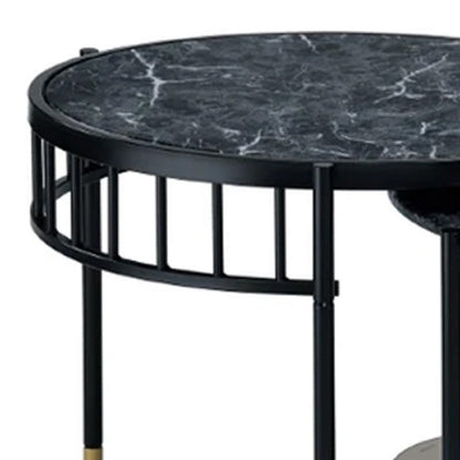 Benjara 40 Inch 2 Piece Nesting Coffee Table, Faux Marble Top, Glass Shelf, Black