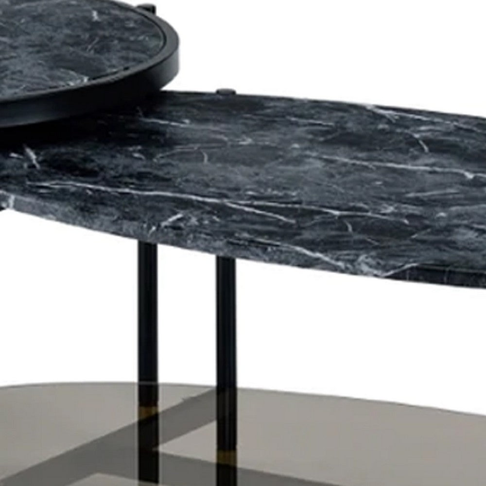 Benjara 40 Inch 2 Piece Nesting Coffee Table, Faux Marble Top, Glass Shelf, Black