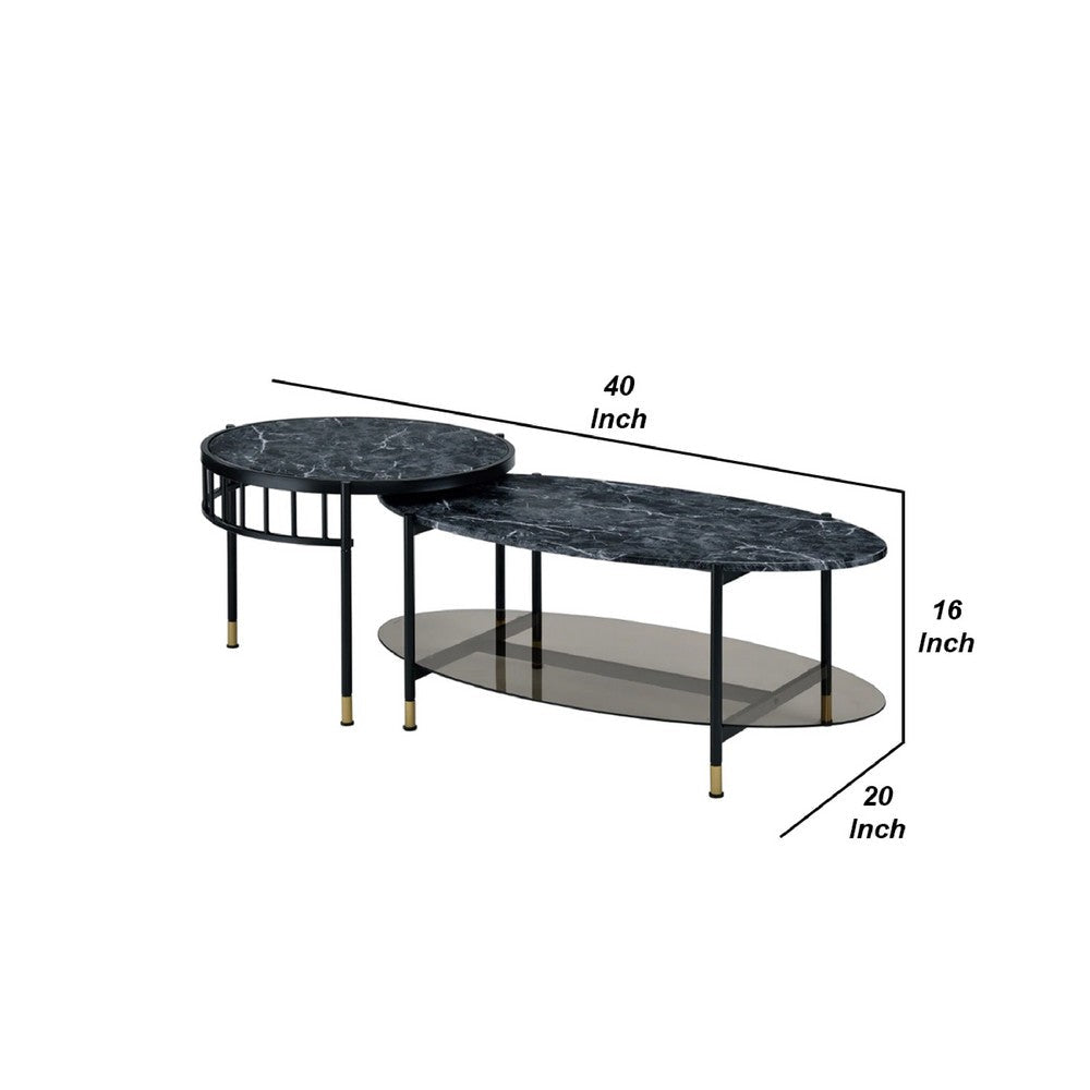 Benjara 40 Inch 2 Piece Nesting Coffee Table, Faux Marble Top, Glass Shelf, Black