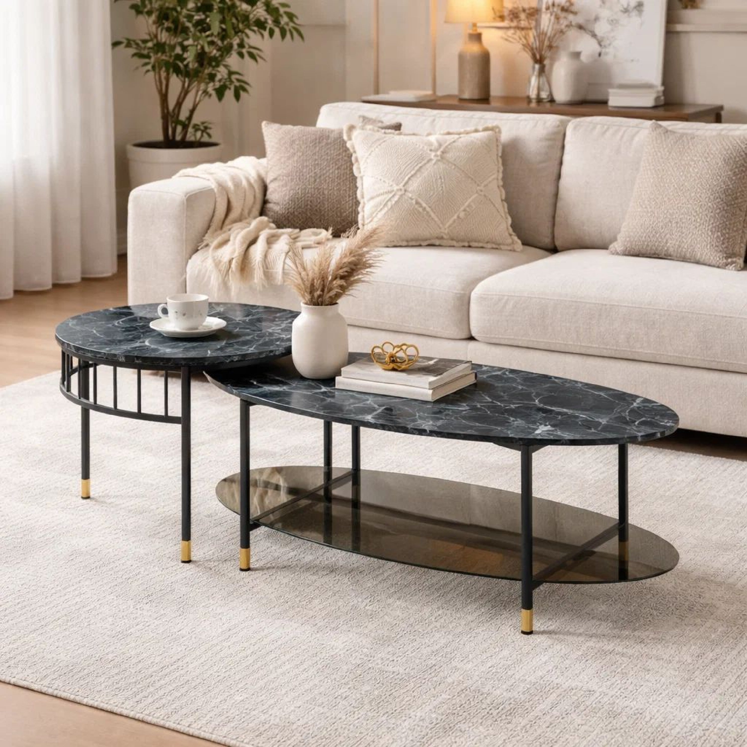 Benjara 40 Inch 2 Piece Nesting Coffee Table, Faux Marble Top, Glass Shelf, Black