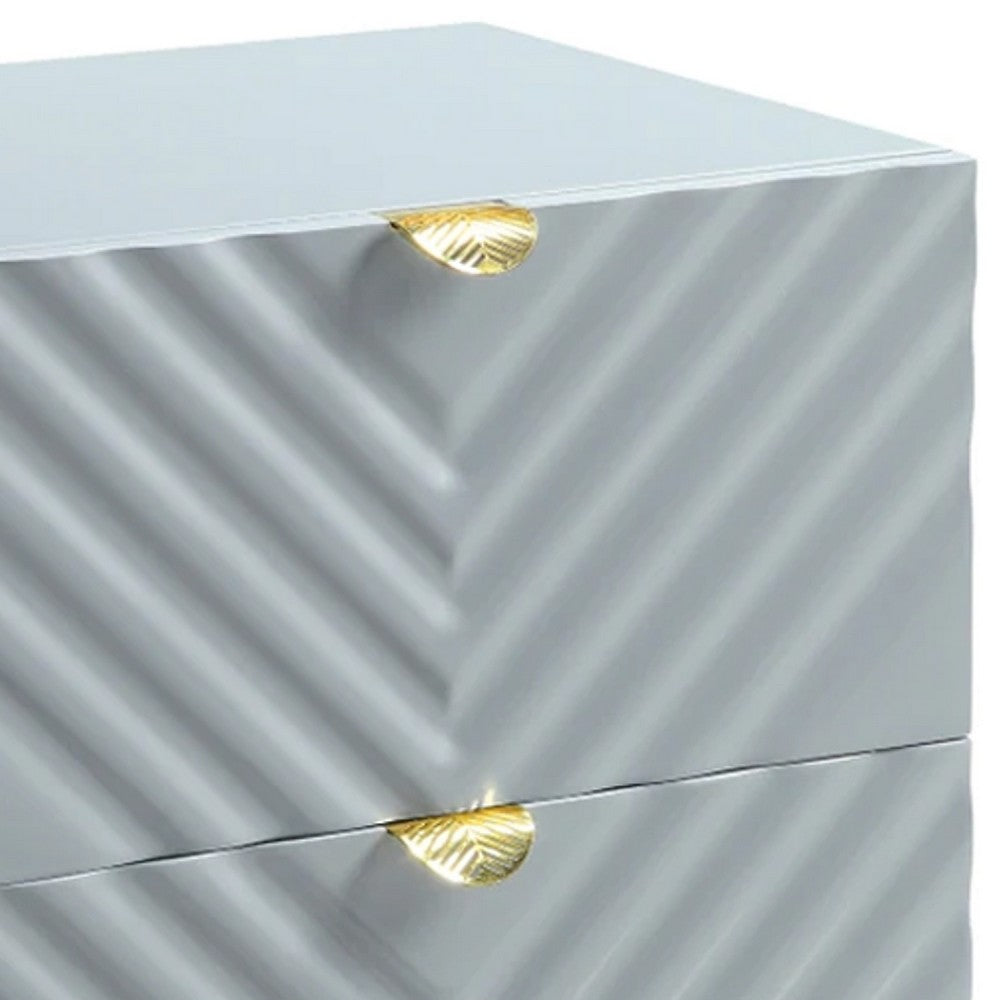 Benjara Tyra 25 Inch Wood Nightstand, Textured Wavy Design, Gold Metal Legs, Gray