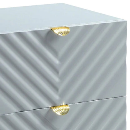 Benjara Tyra 25 Inch Wood Nightstand, Textured Wavy Design, Gold Metal Legs, Gray