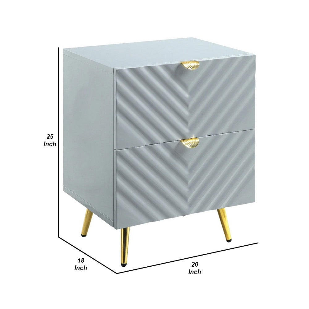 Benjara Tyra 25 Inch Wood Nightstand, Textured Wavy Design, Gold Metal Legs, Gray
