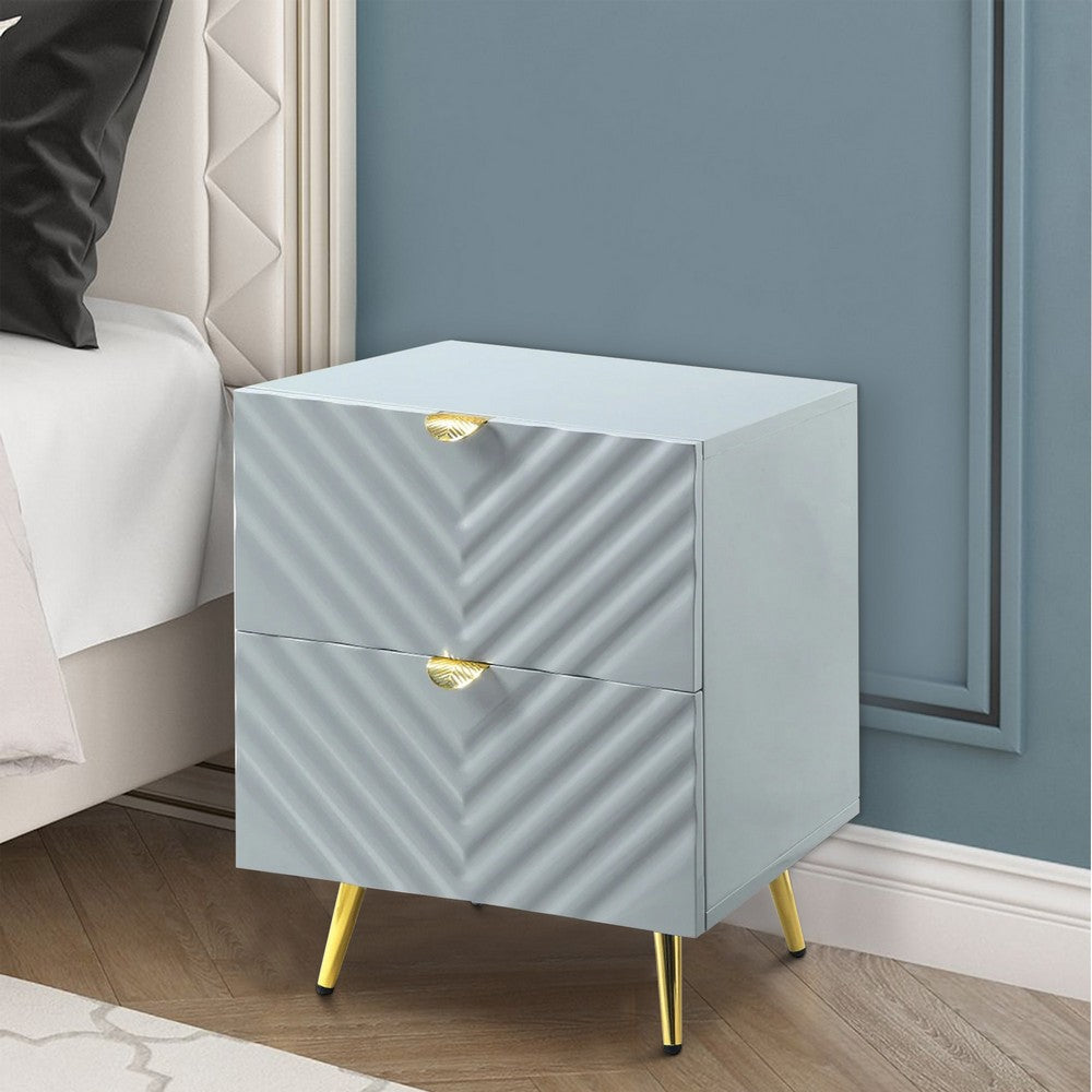 Benjara Tyra 25 Inch Wood Nightstand, Textured Wavy Design, Gold Metal Legs, Gray