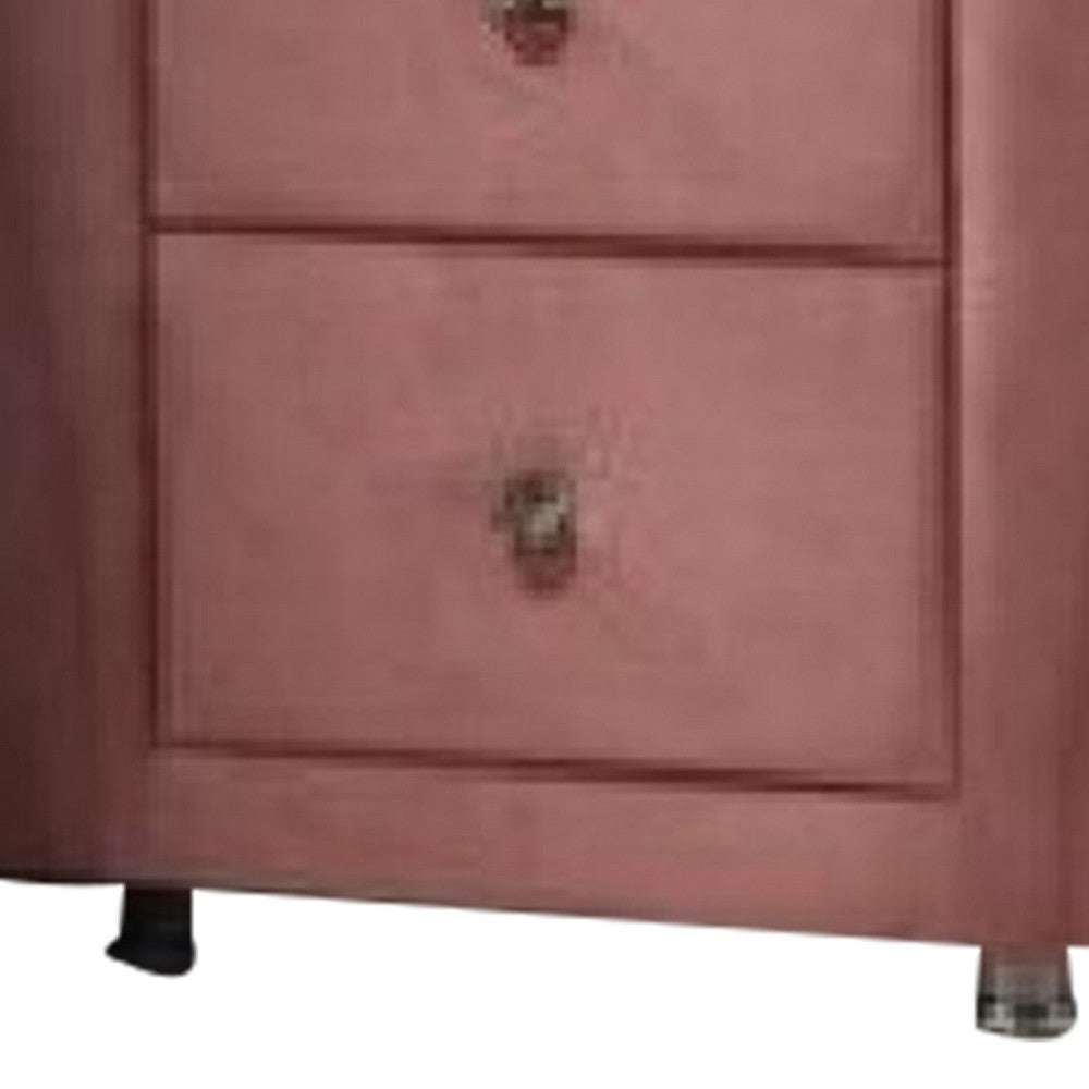 Benjara Sin 29 Inch Modern Nightstand, 2 Drawers, Round Metal Knobs, Velvet, Pink