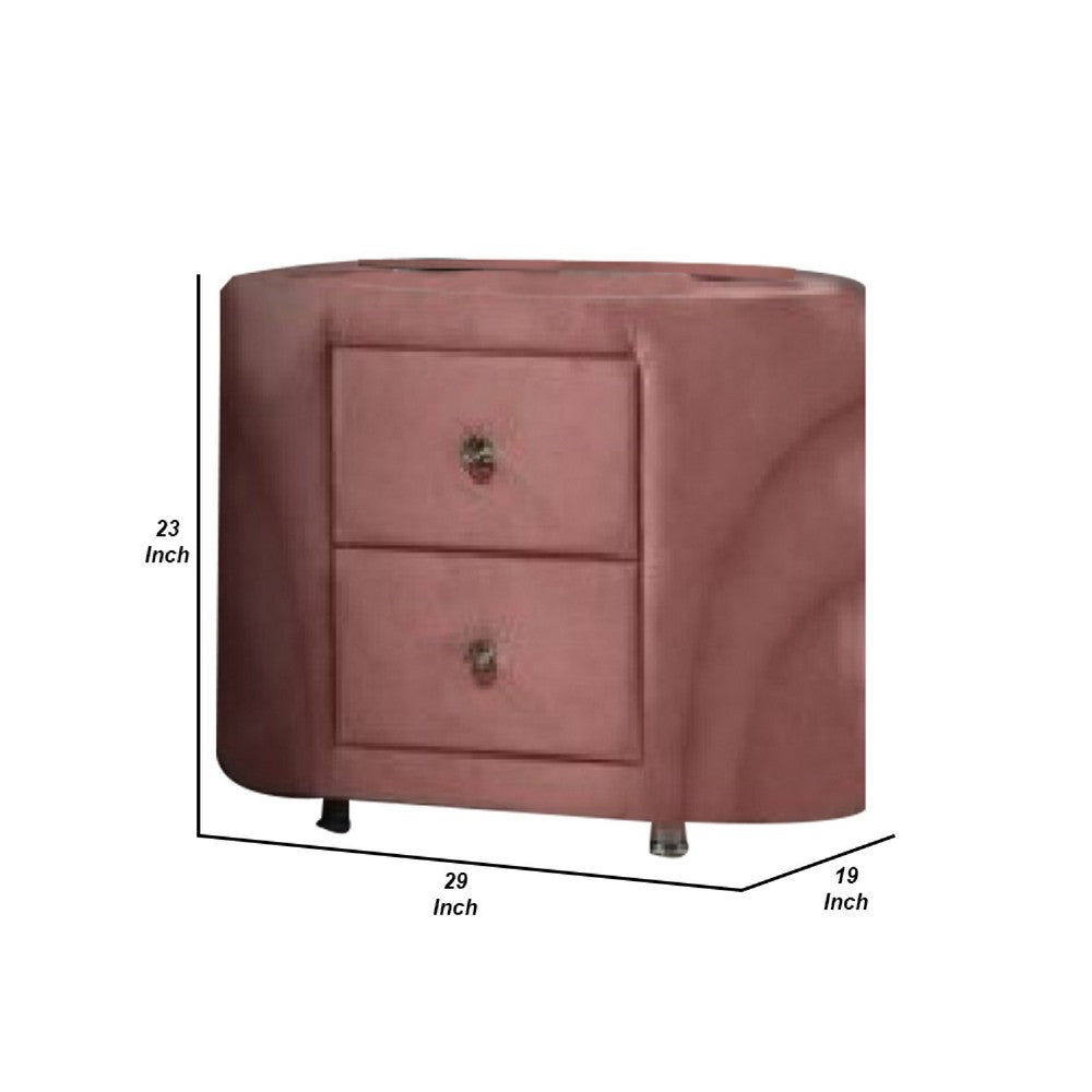 Benjara Sin 29 Inch Modern Nightstand, 2 Drawers, Round Metal Knobs, Velvet, Pink
