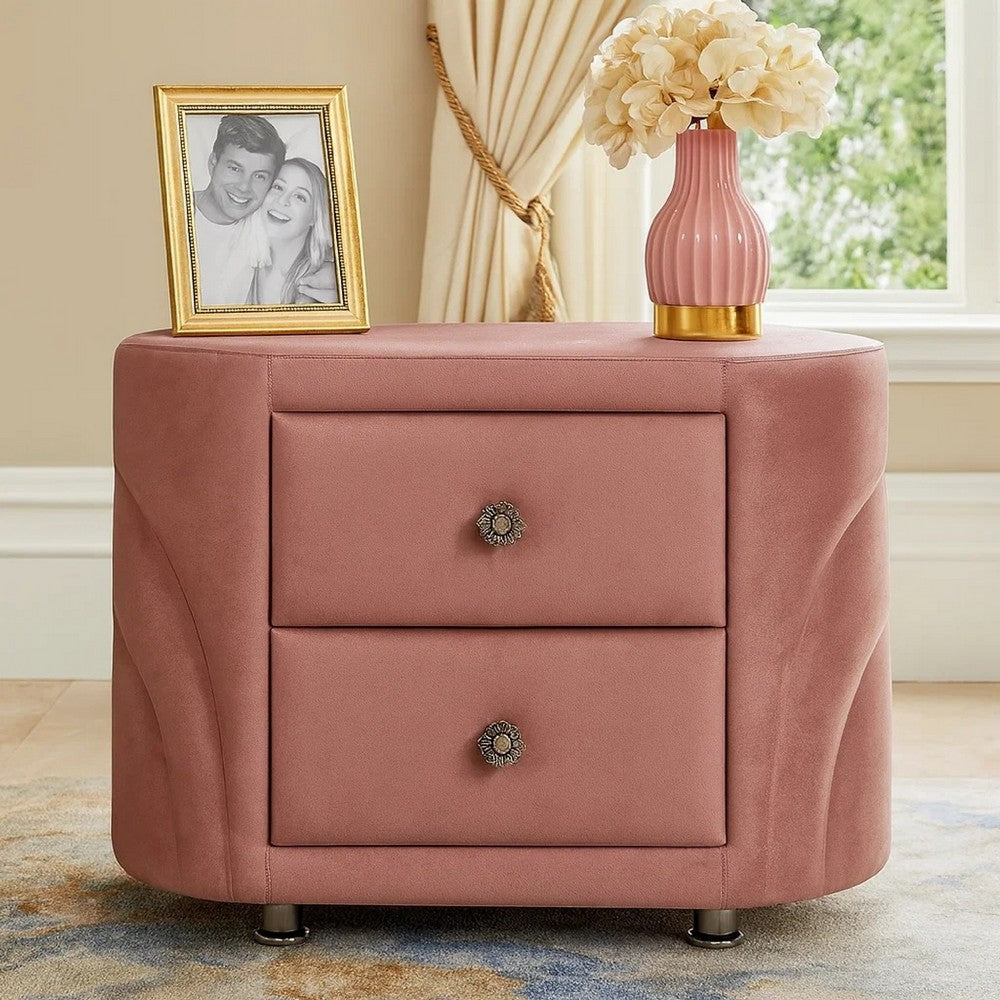 Benjara Sin 29 Inch Modern Nightstand, 2 Drawers, Round Metal Knobs, Velvet, Pink
