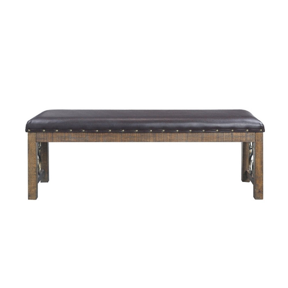Benjara Ral 56 Inch Solid Wood Padded Bench, Metal Scroll Design, Nailhead, Brown