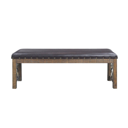 Benjara Ral 56 Inch Solid Wood Padded Bench, Metal Scroll Design, Nailhead, Brown
