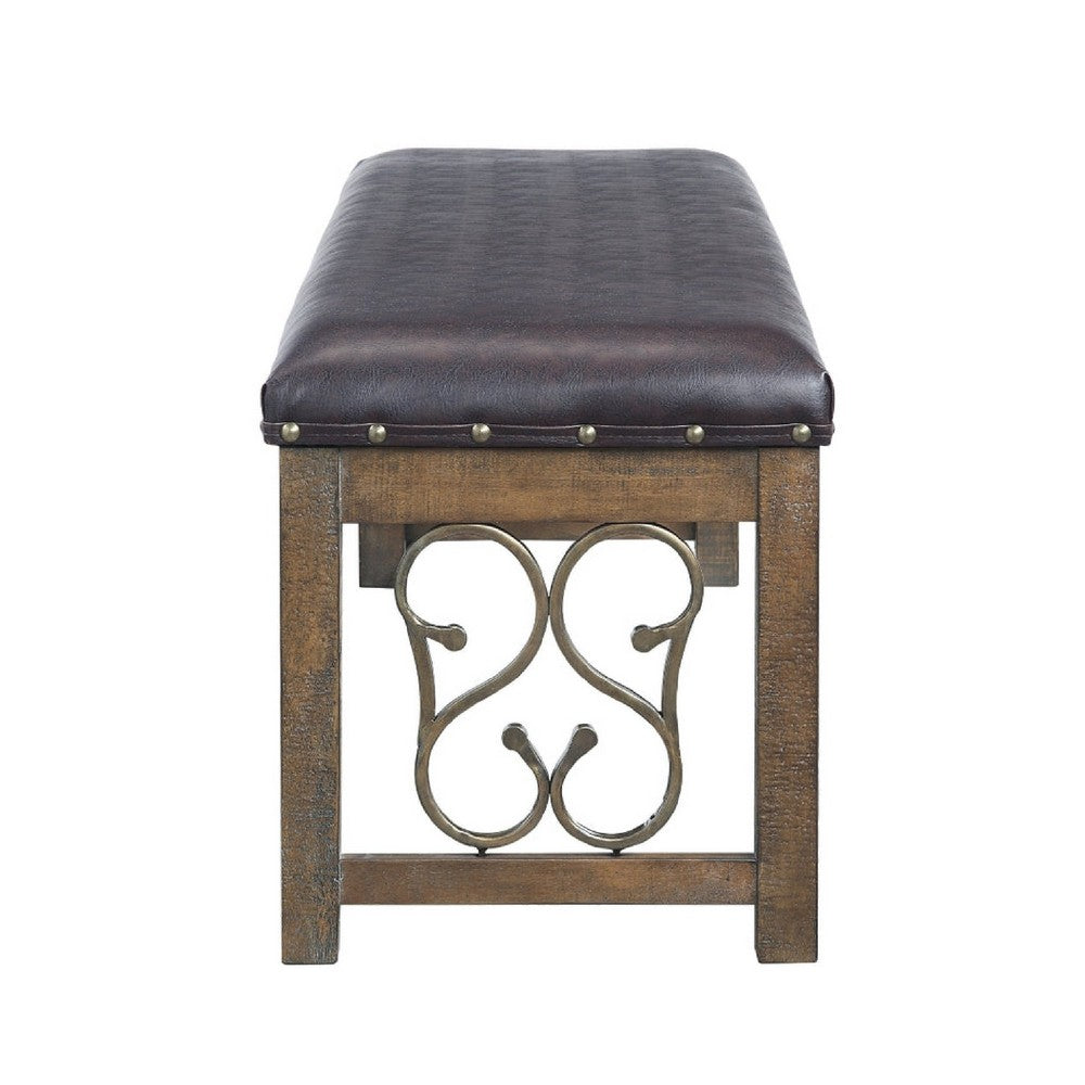 Benjara Ral 56 Inch Solid Wood Padded Bench, Metal Scroll Design, Nailhead, Brown