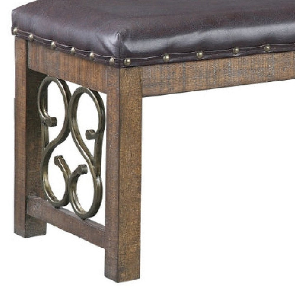 Benjara Ral 56 Inch Solid Wood Padded Bench, Metal Scroll Design, Nailhead, Brown
