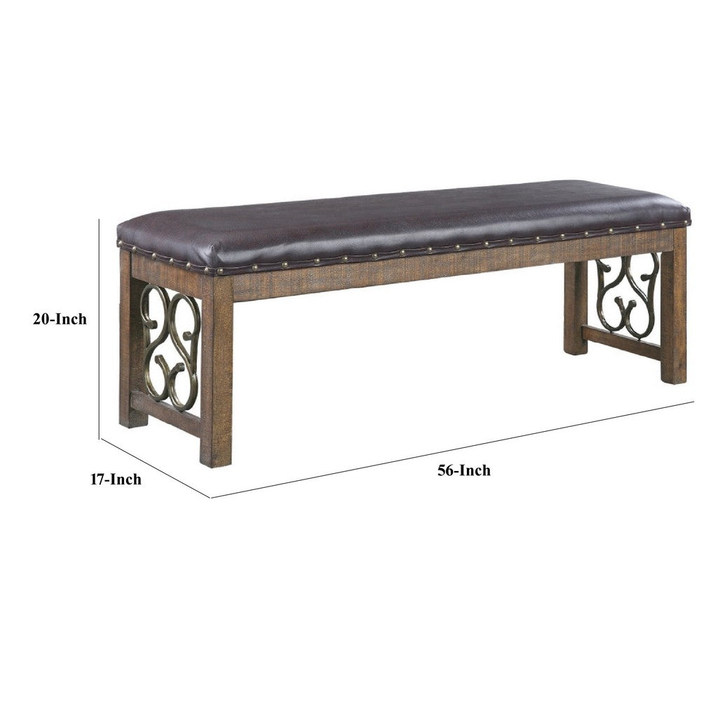 Benjara Ral 56 Inch Solid Wood Padded Bench, Metal Scroll Design, Nailhead, Brown